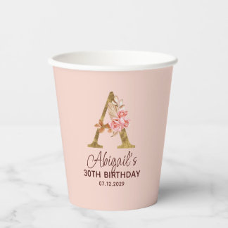 Vasos De Papel Monograma de letra A dorada con rosas rosadas