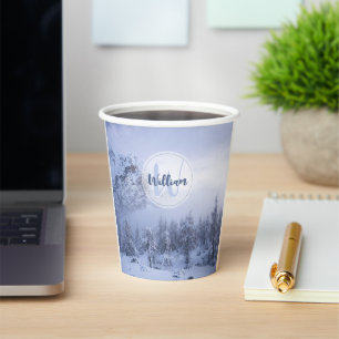 Vasos De Papel Monograma de niebla del bosque de abeto de inviern