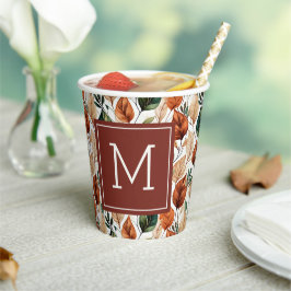Vasos De Papel Monograma de patrón de hojas de terracota y salvia