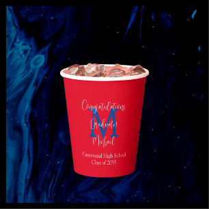 Vasos De Papel Monograma del partido de graduación rojo azul blan