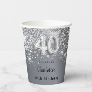 Vasos De Papel Monograma del purpurina plateado de 40 años