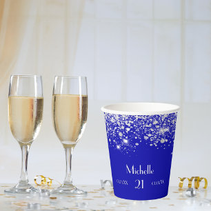 Vasos De Papel Monograma del purpurina real de plata azul
