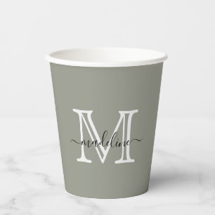 Vasos De Papel Monograma elegante de guión de niebla verde