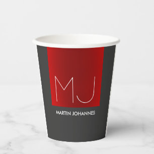 Vasos De Papel Monograma Elegante Gris Rojo Añadir Iniciales de N