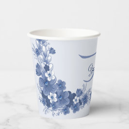 Vasos De Papel Monograma Floral Azul Gris Rústico Elegante