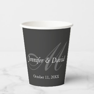 Vasos De Papel Monograma gris liso nombres de novia y novio en bo