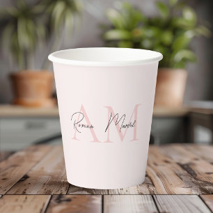 Vasos De Papel Monograma mínimo inicial y nombre Pastel rosa