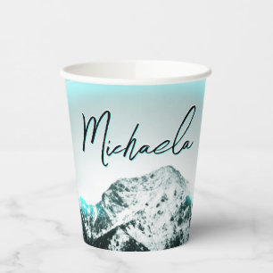 Vasos De Papel Monograma misterioso de neón azul de montaña nevad