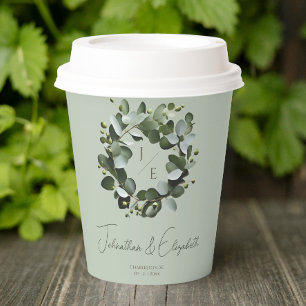 Vasos De Papel Monograma moderno Eucalyptus Wreath Boda