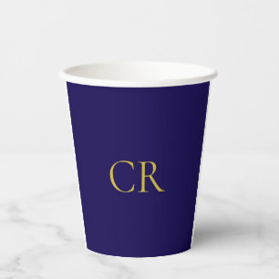 Vasos De Papel Monograma moderno minimalista de color azul y dora