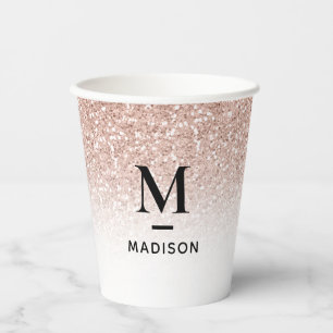 Vasos De Papel Monograma moderno Rosa Rosa Rosa Purpurina Ombre N