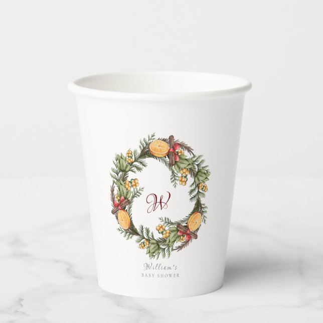 Vasos De Papel Monograma Navidades de invierno Wreath Baby Shower (Anverso)