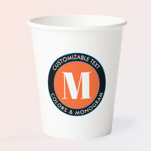 Vasos De Papel Monograma negrita Naranja blanco negro y azul