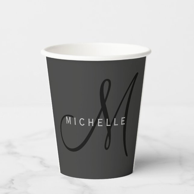 Vasos De Papel Monograma negro profesional Gray Your Name (Anverso)