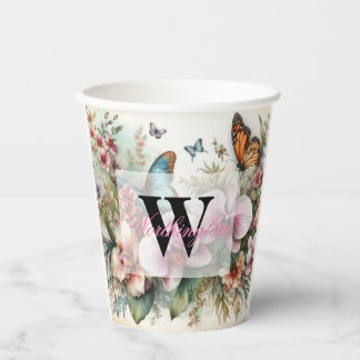 Vasos De Papel Monograma nombre Flores tropicales hojas acuarela