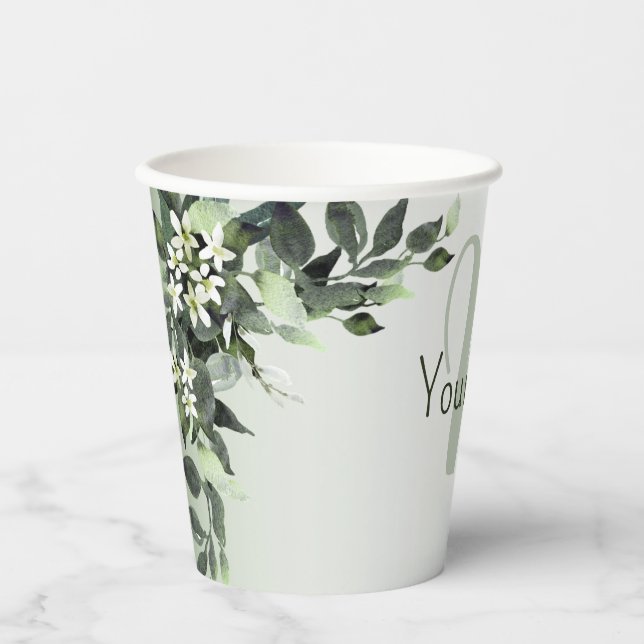 Vasos De Papel Monograma Nombre Verde Floral Hojas de Eucalipto (Anverso)