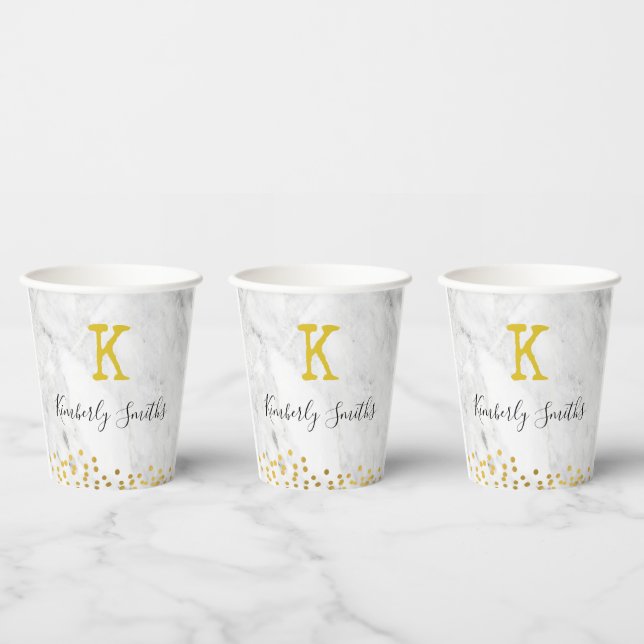 Vasos De Papel Monograma Oro puntos en Mármol (Multi)