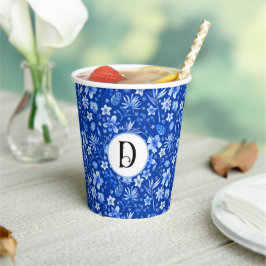 Vasos De Papel Monograma, Patrón de flores y hojas en azul cobalt