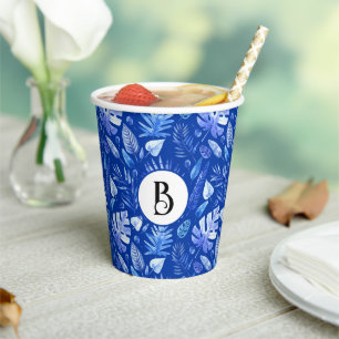 Vasos De Papel Monograma, patrón de hojas tropicales azul cobalto