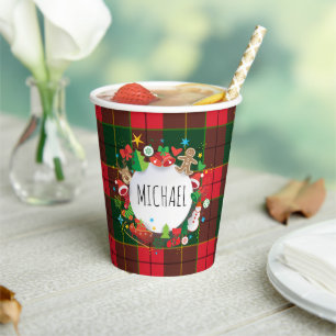 Vasos De Papel Monograma Patrón Escocés de Navidad de Vacaciones