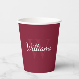 Vasos De Papel Monograma Personalizado y Nombre Rojo Burdeos