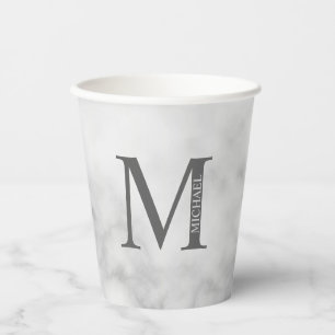 Vasos De Papel Monograma y nombre personalizados de mármol blanco