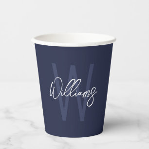 Vasos De Papel Monograma y nombre personalizados del guión azul d
