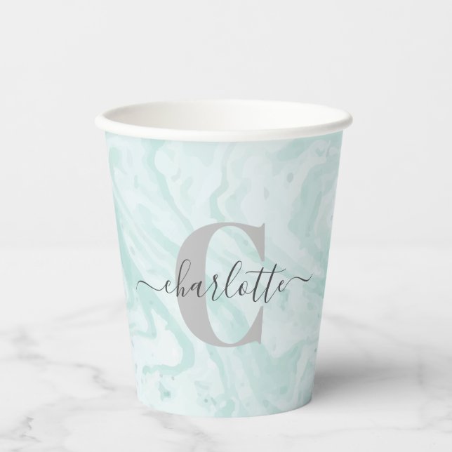 Vasos De Papel Monogramado Personalizado de Mint Green Marble (Anverso)