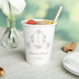 Vasos De Papel Monogramas de boda con marco de peonías pastel