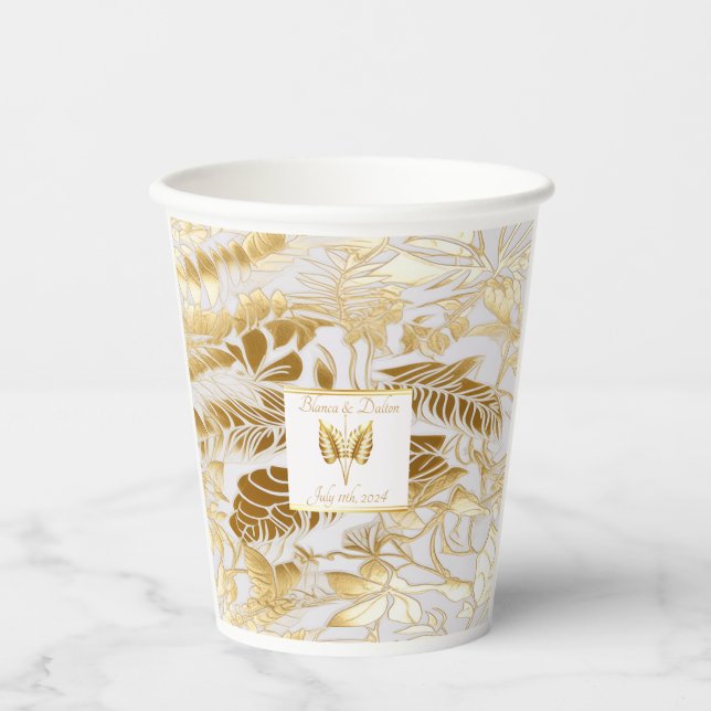 Vasos De Papel Monogramed Eleged Monstera Gilded Gold Boda (Anverso)