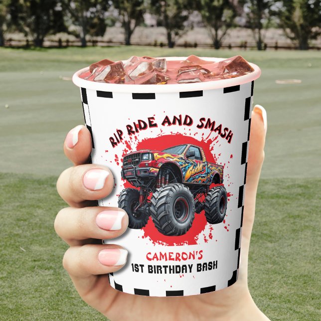 Vasos De Papel Monster Camión Smash Bandera de Verificación Prime (Monster Truck Smash Checkered Flag 1st Birthday Paper Cups
)