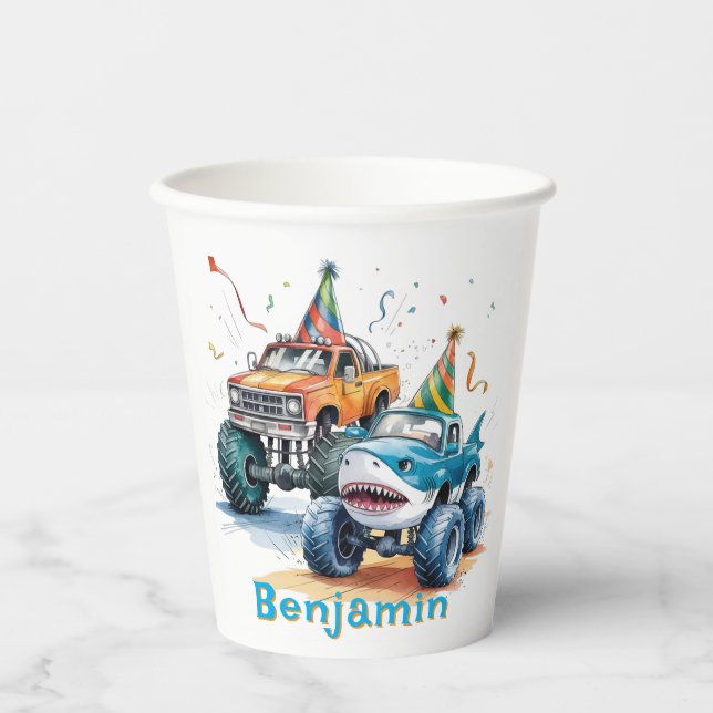 Vasos De Papel Monster Shark Truck Birthday Bash acuarela (Anverso)