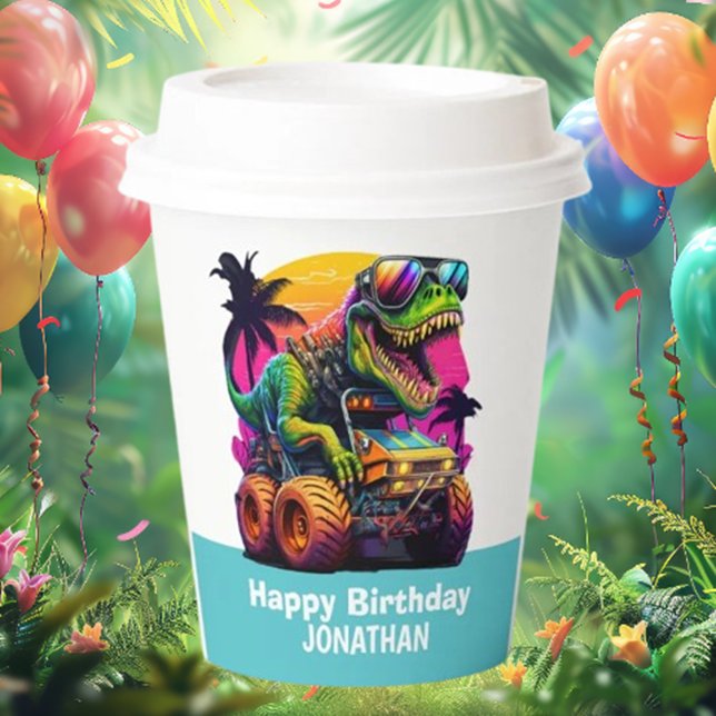 Vasos De Papel MONSTER TRUCK Dinosaur Birthday BLUE (Get ready to party like a dino!)
