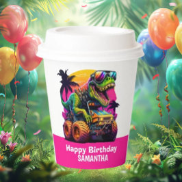 Vasos De Papel MONSTER TRUCK Dinosaur Birthday Pink