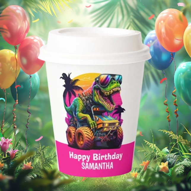 Vasos De Papel MONSTER TRUCK Dinosaur Birthday Pink (Celebrate your little one's special day with our adorable Monster Truck Dinosaur pink paper cups!)