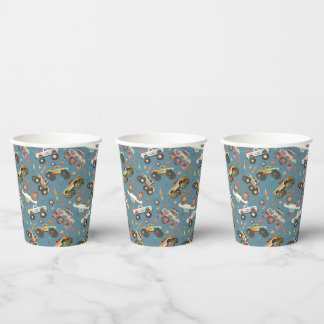 Vasos De Papel Monstruo moderno Camión cumpleaños acuarela azul