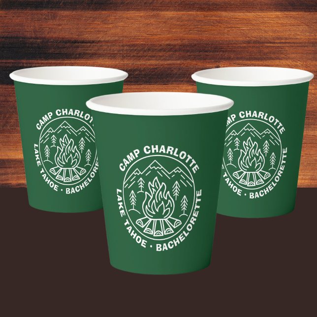 Vasos De Papel Montañas Campfire Campamento Personalizado Verde B (Mountains Campfire Green Custom Camp Bachelorette Paper Cups
)