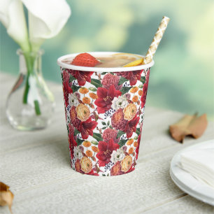 Vasos De Papel Moody Watercolor Amaryllis y Flores de Otoño