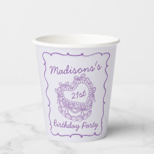 Vasos De Papel Morado Bow Retro Corazón Coqueta Pastel Cumpleaños