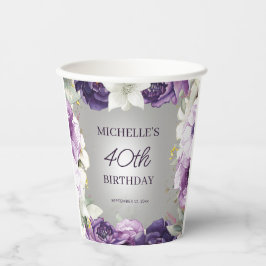 Vasos De Papel Morado Floral Blanca 40 cumpleaños