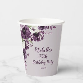 Vasos De Papel Morado Flores Blancas Mariposas 75º cumpleaños