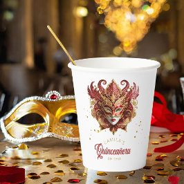 Vasos De Papel Motif de mascarada Quinceanera Red Gold ID1031