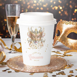 Vasos De Papel Motif de mascarada Quinceanera Rosa Gold ID1031
