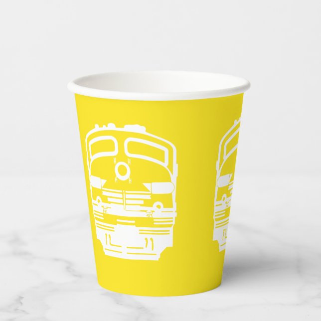 Vasos De Papel Motor de tren blanco moderno de fondo amarillo (Anverso)
