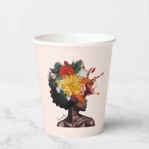 Vasos De Papel Mujer afroamericana con pelo afro floral (2)