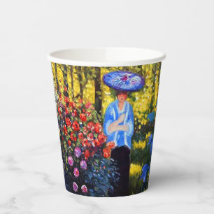 Vasos De Papel Mujer Monet con una sombrilla en el jardín