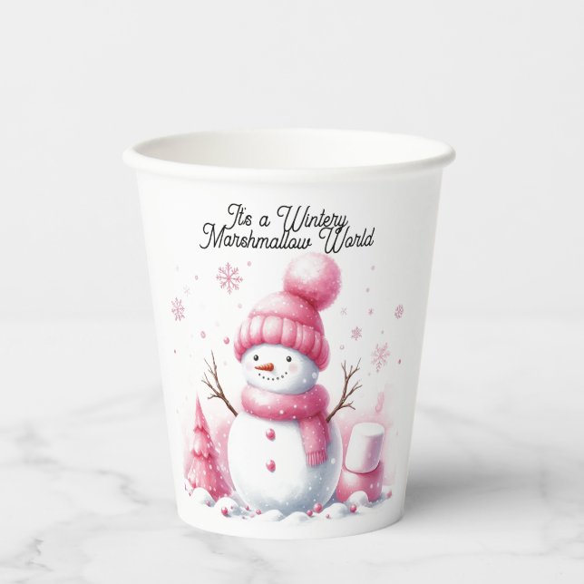 Vasos De Papel Mundo Marshmallow de Snowman rosa (Anverso)