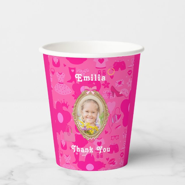 Vasos De Papel Muñeca Girly rosa Retro Vamos Fiesta Cumpleaños (Anverso)