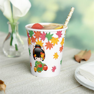 Vasos De Papel Muñeca Kokeshi Caída - Chica de Kimono Verde Geish