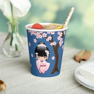 Vasos De Papel Muñeca Kokeshi de Kimono Rosa sobre Azul